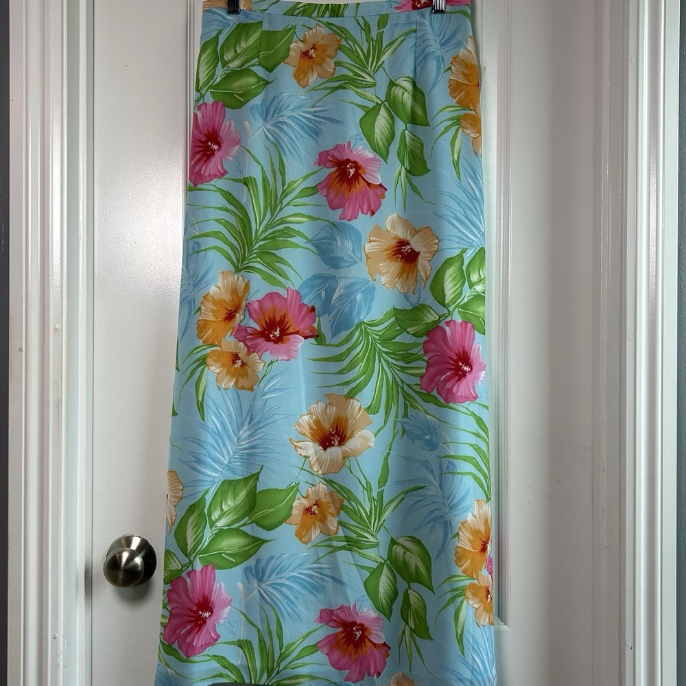Emma James‎ Liz Claiborne Vintage 90s Sky Blue Tropical Floral Print Maxi Skirt